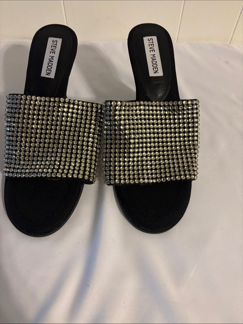 Steve Madden Black Slide Sandals with Silver Crystal Strap